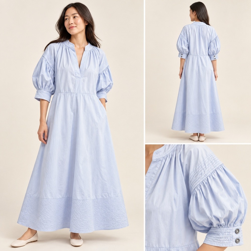 CO Collection Luxury Cotton Puff Sleeve Dress S Light Blue Smocked Midi AS IS Sp